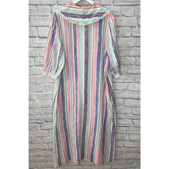 Vintage Improved Living Striped Robe House Coat Size L Ruffle Lace Button Pink - Picture 8 of 8